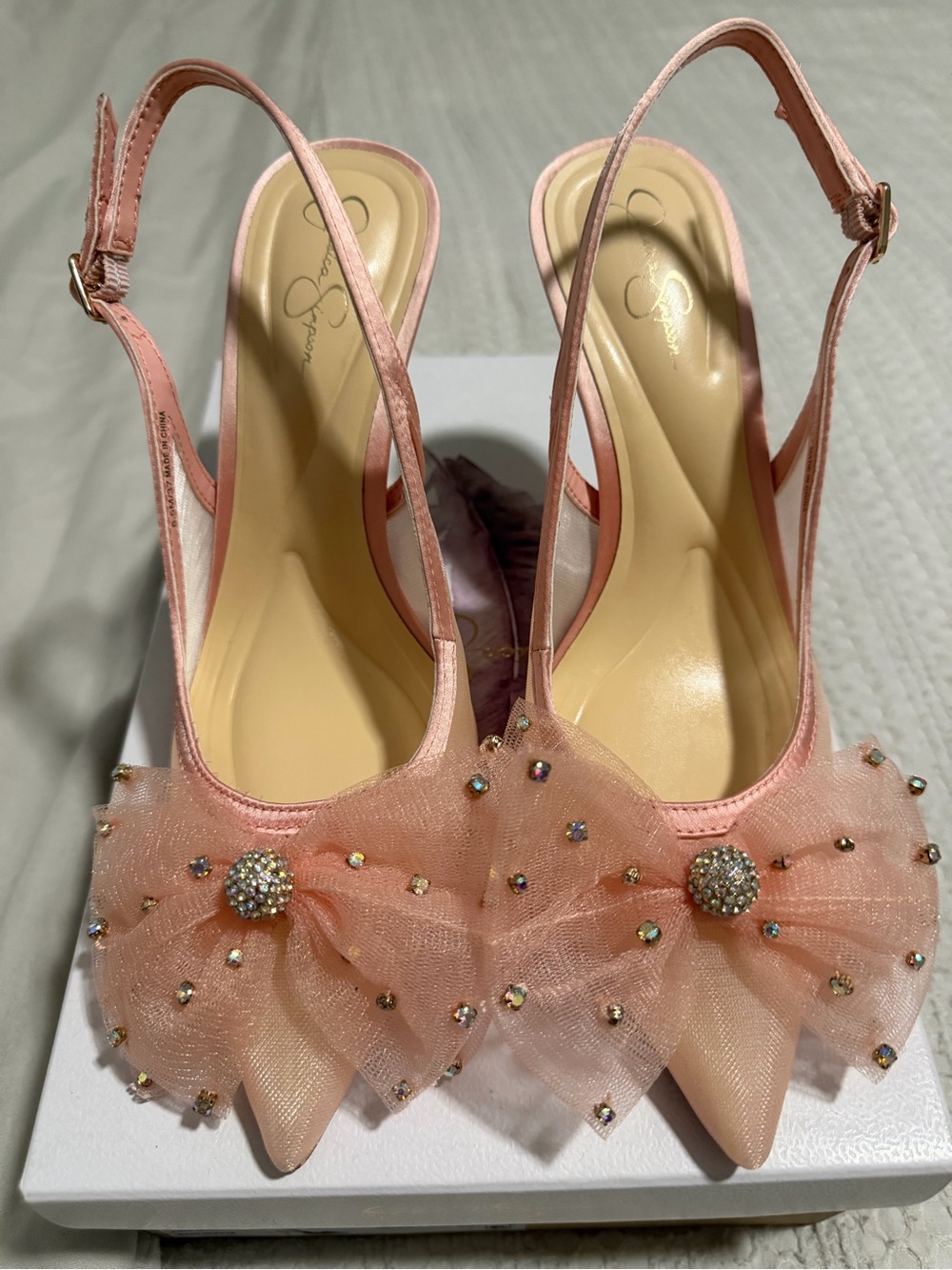 Jessica Simpson Blush Pink Tulle Crystal-Embellished Slingback Heels